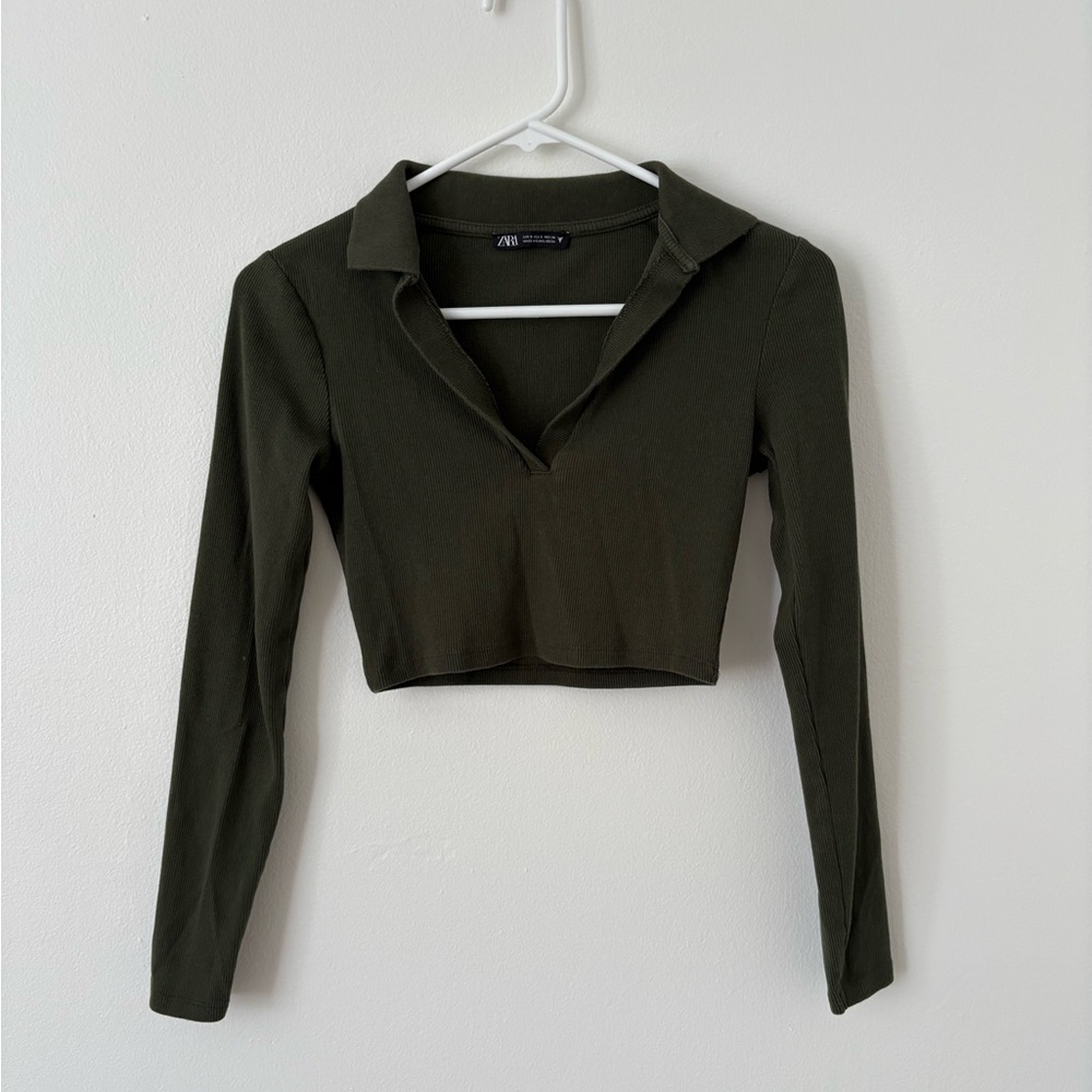 Zara Ribbed Army Green Long Sleeve Polo Crop Top Size Small - Picture 2 of 5